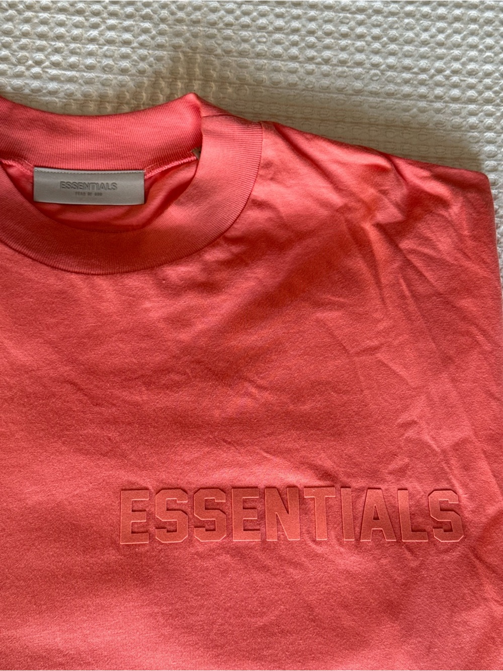 Brand New Fear of God Essentials Coral-Pink Embossed Logo Crewneck Tshirt unworn